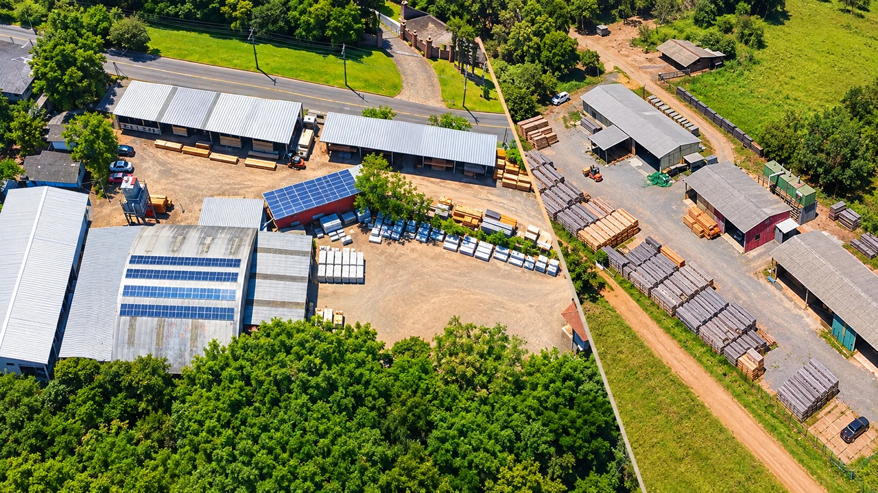 Vista aérea dos pátios e galpões das unidades da Scharlau Madeiras em São Leopoldo e Guaíba, no Rio Grande do Sul.